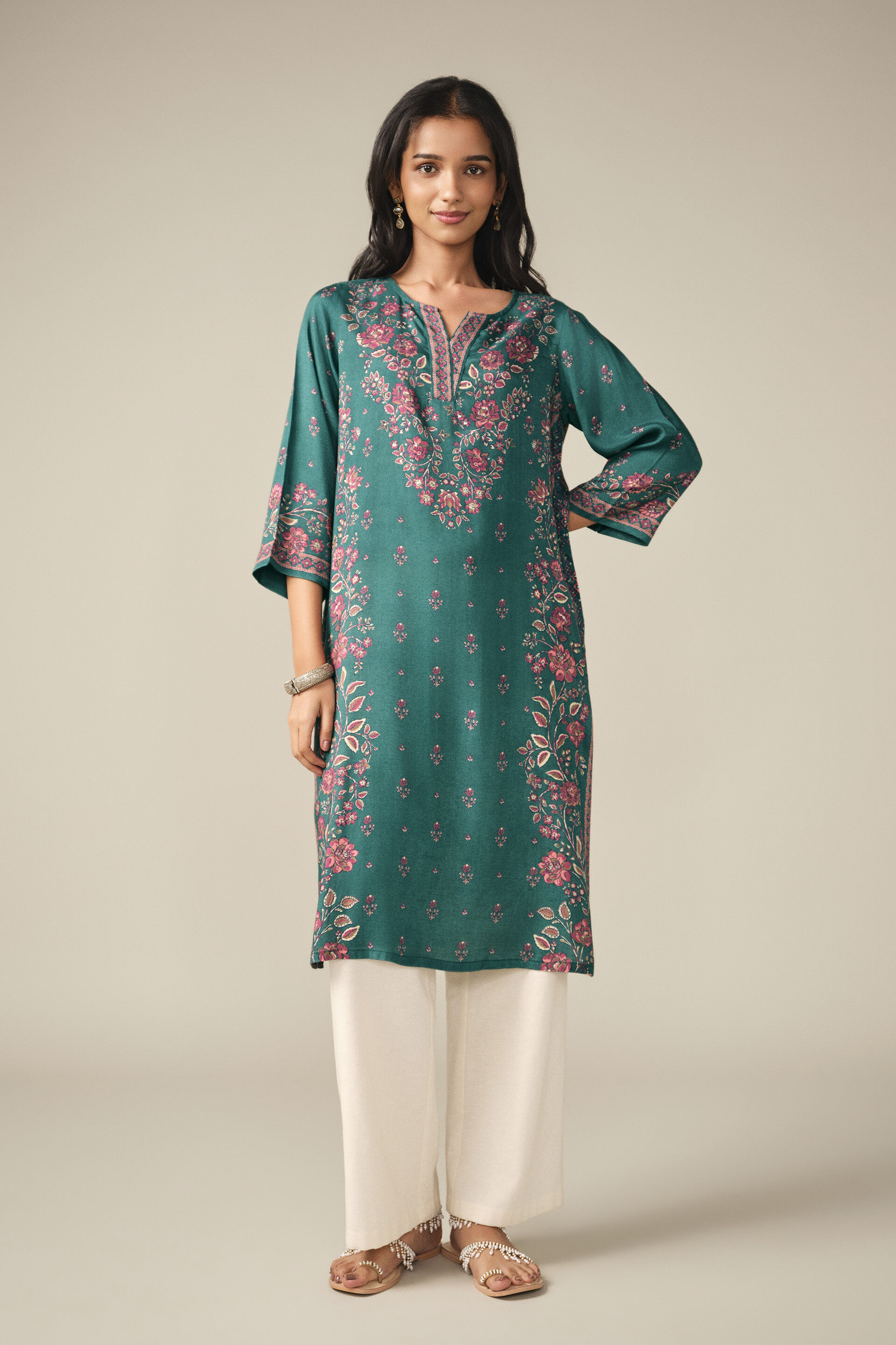 Floral Print Kurta in Green, Green, image 4
